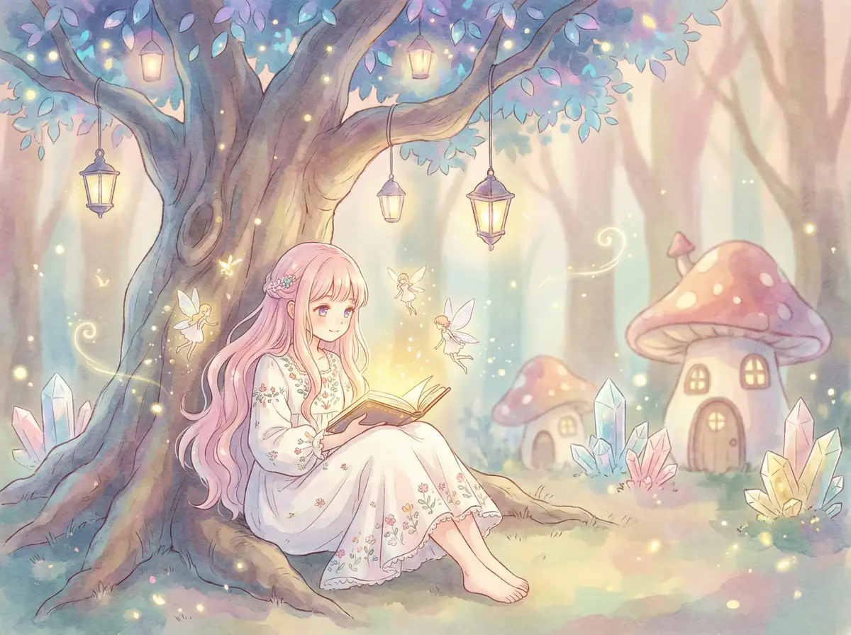 51爆料吃瓜 - 魔法森林中阅读故事书的粉发少女与精灵